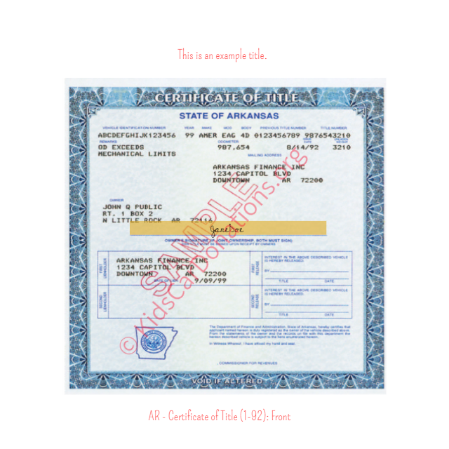 Arkansas Certificate of Title (1-92) Front | Kids Car Donations